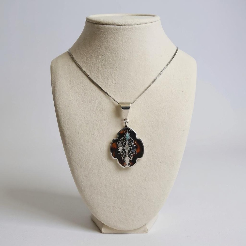 Vintage Mexican Sterling Silver Abalone & Tortoise Shell Style Pendant Chain